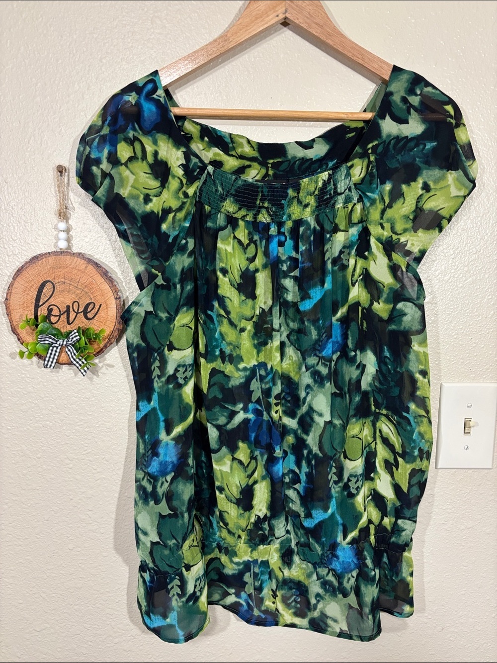 a.n.a Blue Green Floral Print Sheer Blouse Size XL